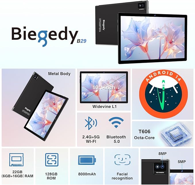 Android Tablet with Keyboard, 10 inch Android 14 Tablets 22GB+128GB, Octa-Core CPU, 8000mAh, HD IPS Display, 5G WiFi, BT 5.0, GPS, Widevine L1, 1TB Expandable, Mouse, Split Screen, Metal Body -Black