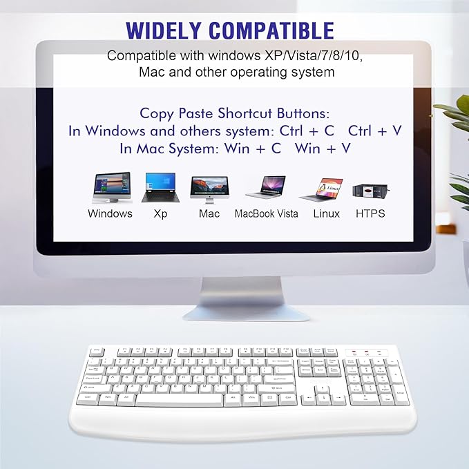 Wireless Keyboard, 2.4G Full-Sized Ergonomic Wireless Computer Keyboard with Wrist Rest for Windows, Mac OS Laptop/PC/Desktop/Notebook (White)