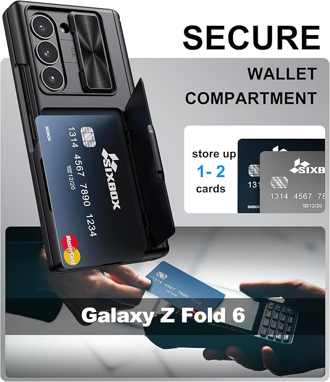 for Samsung Galaxy Z Fold 6 Case with Card Holder & Belt Clip & Slide Camera Cover, Built-in Hinge Protection & Screen Protector, Durable Wallet Phone Cover Case for Z Fold 6 5G 2024, Black