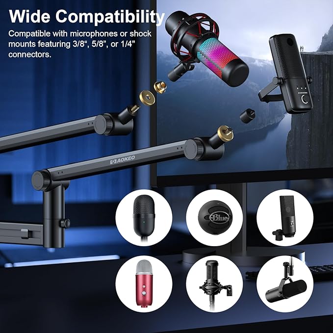 Microphone Arm,Aokeo AK-58 Desk Low Profile Adjustable Mic Boom Arm Stand,Suitable For Blue Yeti,Snowball iCE, HyperX QuadCast,SoloCast,Elgato Wave,Etc