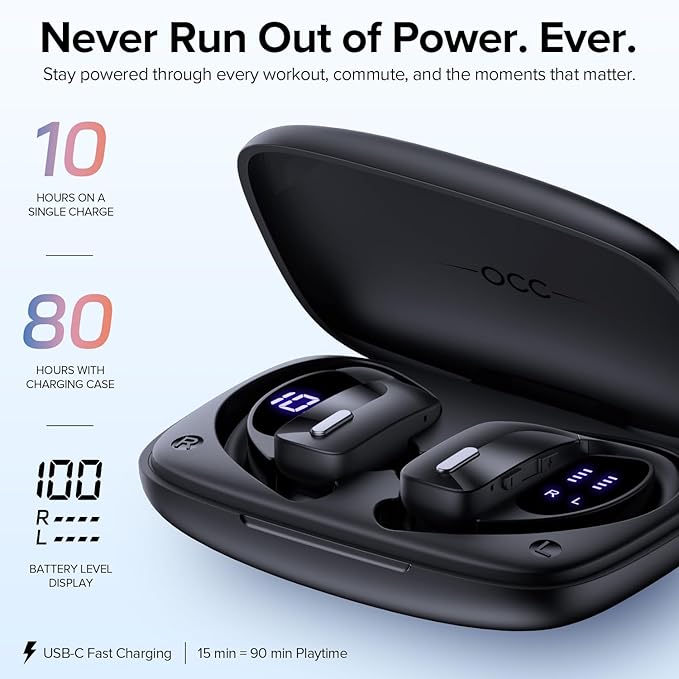 OCC Wireless Ear Hook Sport Earbuds, Bluetooth Headphones with Mic, IPX5 Waterproof, 80H Playtime, Deep Bass, Secure Fit for Running Gym Workout - Black