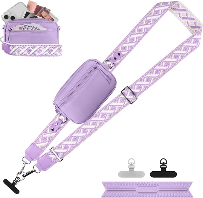 Clip and Go Strap for Phone with Wallet Crossbody, Adjustable Phone Lanyard with Detachable RFID Wristlet Wallet, Pattern Strap, Purple (M)