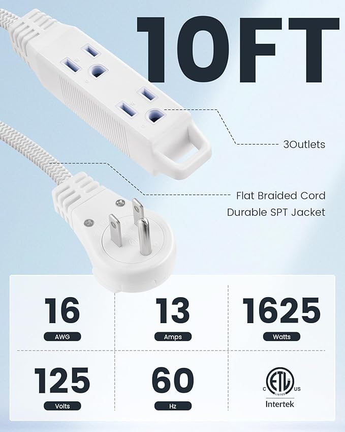SURAIELEC 10FT 360° Rotating Flat Plug Extension Cord Flat Wall Plug with 3 Outlets, Braided Flat White Extension Cord for Indoor Use, Home, Office, 16/3C SPT, ETL Listed