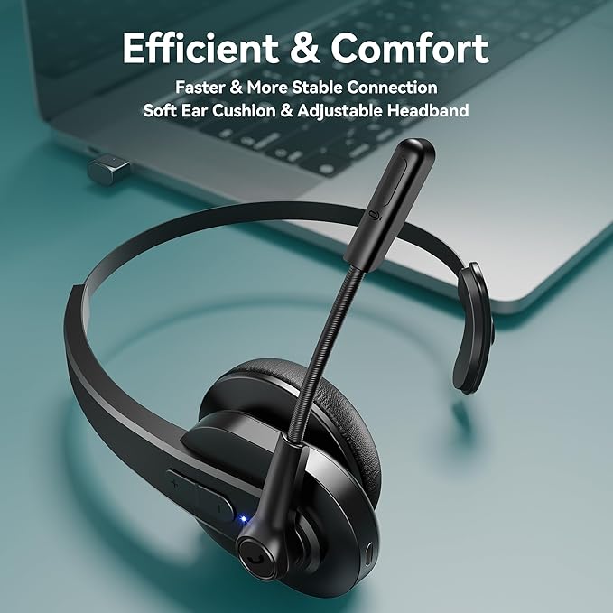 Bluetooth Headset with USB Dongle for Computer, Single-Ear Wireless Headset with Noise Cancelling Microphone for Office & Truckers, Bluetooth V5.2 with Mute Button for Work