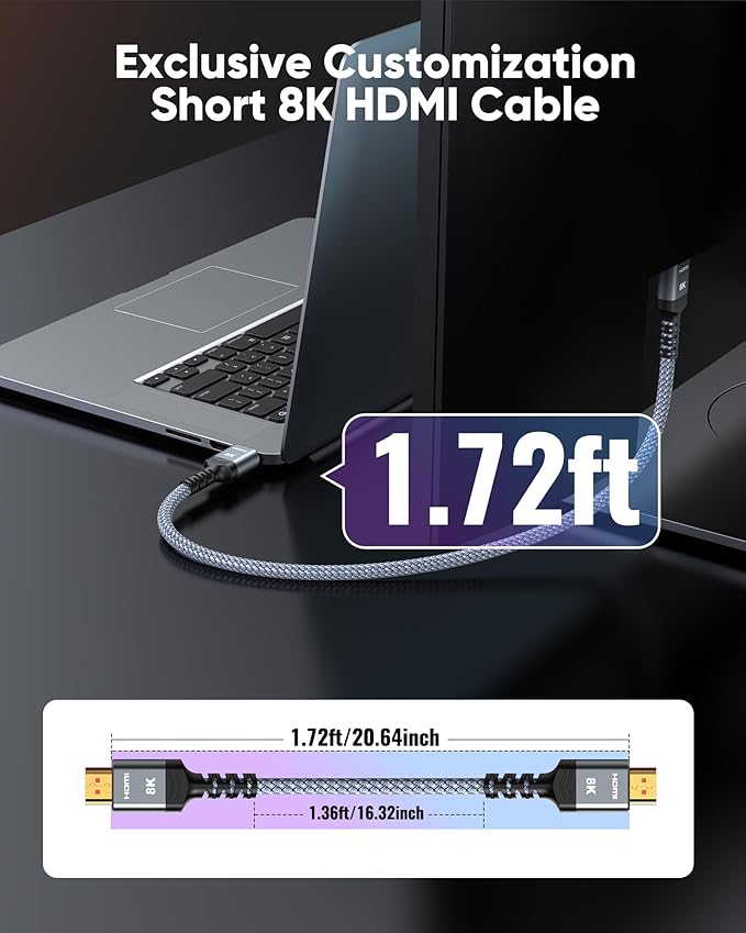 Highwings Short 8K HDMI Cable 1.72ft Total Length, 1.36ft Cable Length, Ultra High Speed HDMI Braided Cord-4K@120Hz, 8K@60Hz,eARC, Compatible for PS5,Monitor,PC and More
