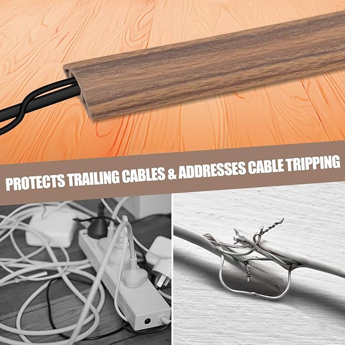 Floor Cord Cover Cavity 0.8"x0.37" Self Adhesive Cord Hider, 10FT Low Profile Cable Management, Extension Strip Protector for Wires, Prevent Cable Trips for Offices, Gyms,(Wood Smoked Brown)