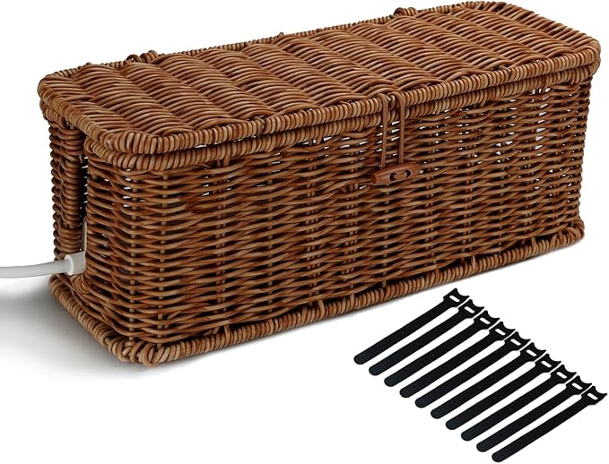 Cable Management Box, Desk Handwoven Rattan Cord Hider Organizer Box With Lid Button Lock, Power Strip Holder Decorative Box, Floor Cord Surge Protector Storage Box