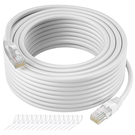 Cat5e Ethernet Cable 100 FT, Long Cat 5e Internet Cable, White Snagless Patch Cord, Flexible, Network, LAN, PoE, Standard RJ45 Connector for PC, Server, Router, Modem, TV, PS5 - with 15 Cable Ties