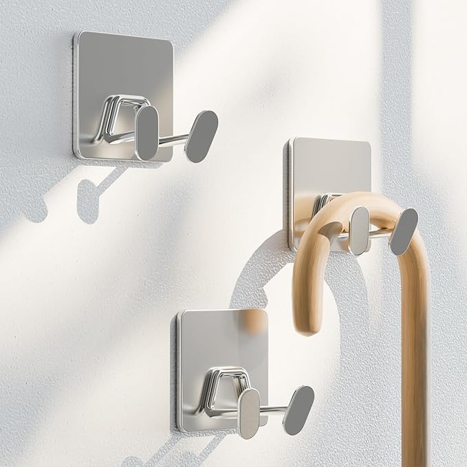 Shower Hooks for Inside Shower - Extra Sticky Stainless, Razor Holder Accessories, Wall Mounted Self-Adhesive Double Hooks for Razor, Loofah, Towel, Shaver, Coat, Key, Silver 6 Pack