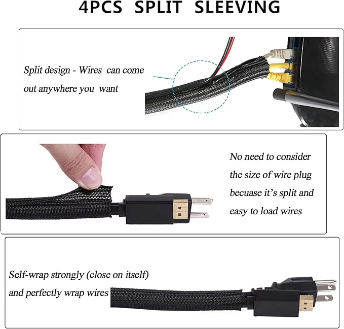 311Pcs Cable Management Organizer Kit 4 Cable Sleeve Split,53Cable Clips 12Cord Clips Holder,22 Cable Ties, 20 Adhesive Wall Cable Tie, 200Fasten Cable Ties for TV Office Home Electronics