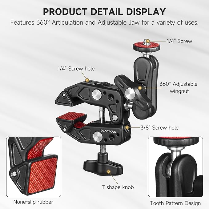 MINIFOCUS Super Clamp Camera Clamp Mount, 360° Ballhead Magic Arm with 1/4" 3/8" Port Extension Holder Adapter, Double Ball Head Adapter for Canon Nikon DSLR GoPro Action Camera Video Light