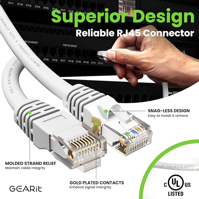GEARit Cat 6 Ethernet Cable (1-Pack 20 Feet) Cat6 Network Patch, 10Gbps, RJ45, Snagless Cord, Gold-Plated Connectors, Internet for PC, TV, Tablet, Router, Printer, Servers, IT Data Center - White