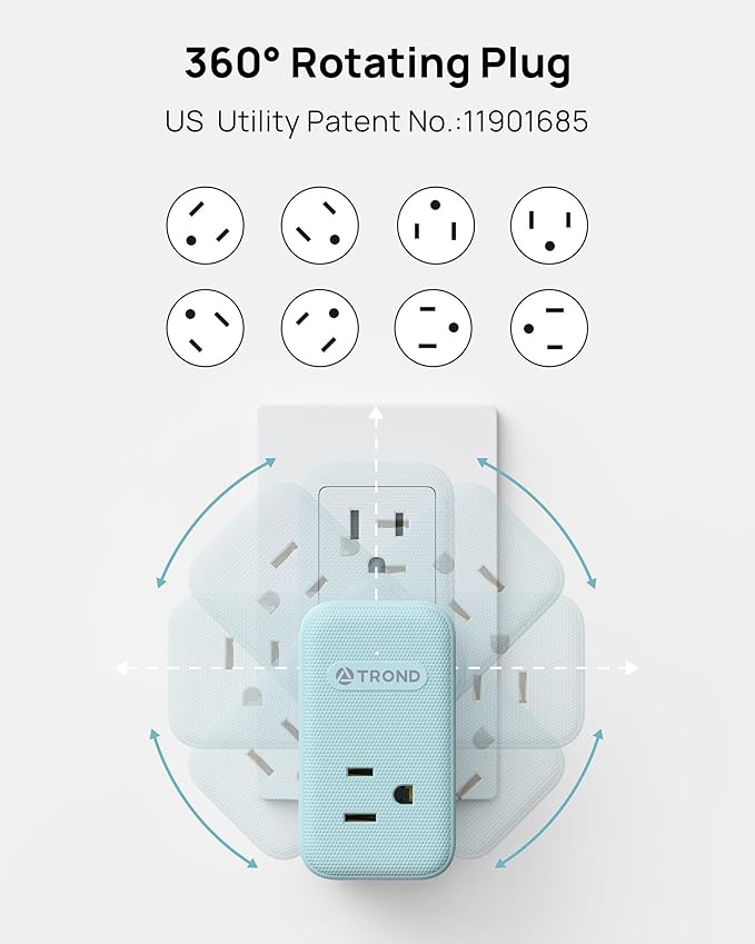 TROND Outlet Extender with USB, Multi Plug Wall Outlet with 3 AC Chargers, 360 Rotating Plug Adapter with PD 20W USB C Port, Cute Colorful Power Extension for Home Decoration, Travel Essentials