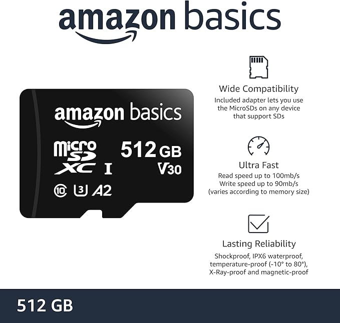 Amazon Basics Micro SDXC Memory Card with Full Size Adapter, A2, U3, Read Speed up to 100 MB/s, 512 GB, Black