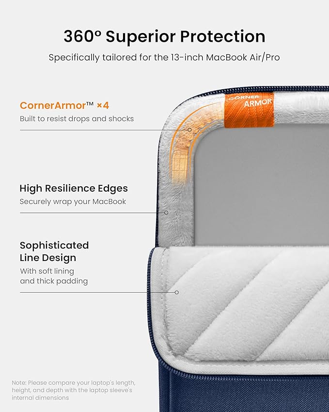 tomtoc 360° Protective Laptop Sleeve for 13-inch New MacBook Air M4/A3240 2025, M3/A3113, M2/A2681 M1/A2337 A2179 A1932, 13-inch MacBook Pro M2/A2686 M1/A2338, Water-Resistant Computer Case Bag