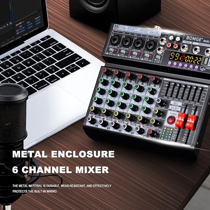 BOMGE 06A Professional 6 Channel DJ Audio Mixer, DJ Controller Sound Mixer with 99 DSP Effects,7-band EQ Independent 48V Bluetooth USB Interface Recording for Studio Stage Party Home Recording