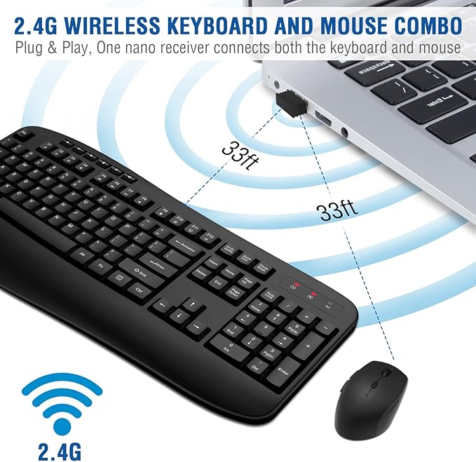 Wireless Keyboard Mouse Combo, EDJO 2.4G Full-Sized Large Wireless Keyboard with Comfortable Palm Rest and Optical Wireless Mouse for Windows, Mac OS PC/Desktops/Computer/Laptops