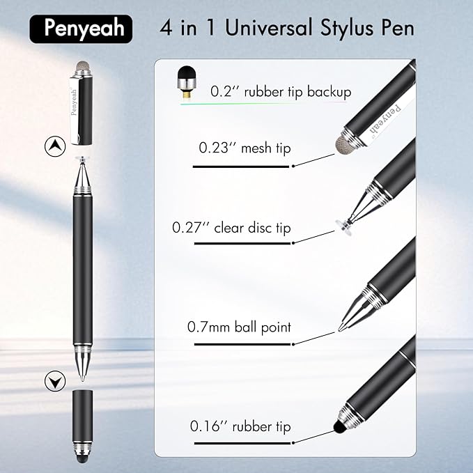 Penyeah Stylus Pen, 4 in 1 Disc Stylus Pens for Touch Screens, High Precision and Sensitivity Universal Capacitive Stylus, Stylist for Tablets,iPhone,iPad,Laptops with 4 Replacement Tips - Black