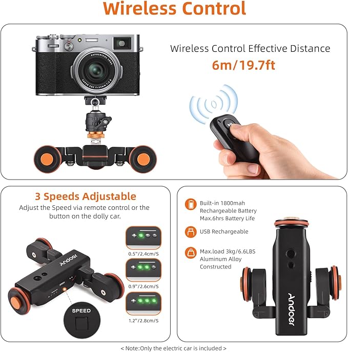 Andoer Video Camera Dolly with Ballhead & Phone Holder, 3-Speed Motorized Auto Track Dolly Car with Remote Control - Compatible with iPhone, DSLR, Camcorder, Gopro, Insta, Android Smartphone
