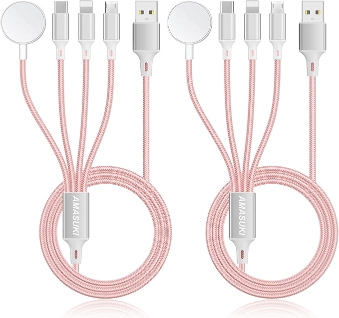 2Pack Travel Essentials Multi Charging Cable for Watch Charger 4 in 1 Fast Charger Camping Essentials USB C/L/Micro Compatible with Watch Series 10-1/SE/Ultra Phone 16 15/Galaxy Android-4FT/Pink