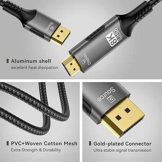 FDBRO 8K DisplayPort to HDMI Cable Active 8K@60Hz 4K@120Hz 32.4Gbps, Uni-Directional, DP 1.4 to HDMI 2.1 Cord Support HDR/HDCP 2.2/DSC 1.2 for Gaming Monitor, TV, PC (Gray & Black, 2M (6.6FT))