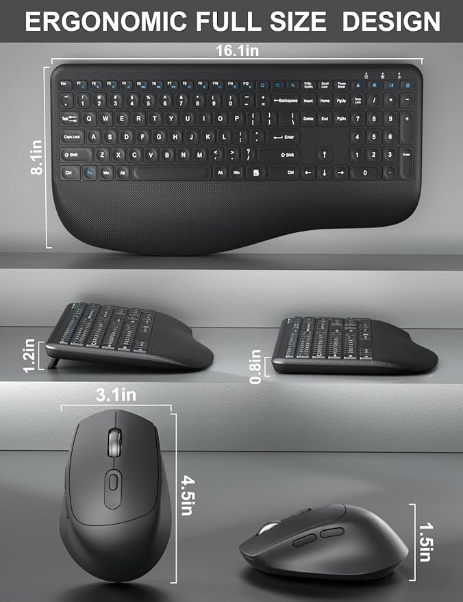 Wireless Keyboard and Mouse Combo, EDJO 2.4G Full-Sized Ergonomic Computer Keyboard with Wrist Rest and 3 Level DPI Adjustable Wireless Mouse for Windows, Mac OS Desktop/Laptop/PC (Carbon Black)