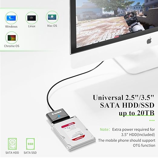 WAVLINK SATA to USB Type-A Hard Drive Cable, 5Gbps USB3.0, Supports UASP, External Hard Drive SATA I/II/III Connector, 2.5" SSD/HDD and 3.5" HDD up to 20TB, Power Adapter Included