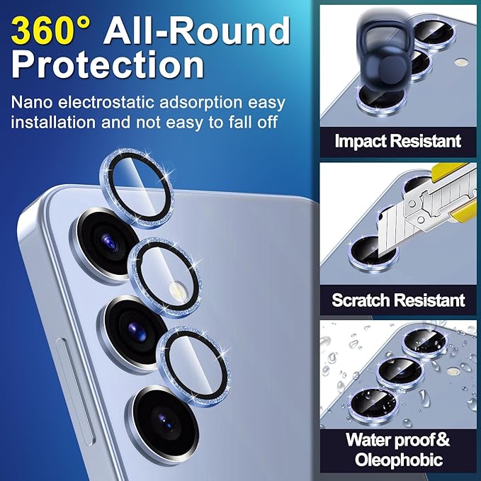 for Samsung Galaxy S25 Plus Camera Lens Protector, Individual Metal Ring Tempered Glass Lens Cover, [Strong Adsorption] Scratch Resistant Ultra-Thin HD Clear Lens Cover, 1 Set-Blue Sparkly