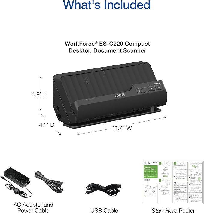 Epson Workforce ES-C220 Compact Desktop Document Scanner with 2-Sided Scanning and Auto Document Feeder (ADF) for PC and Mac