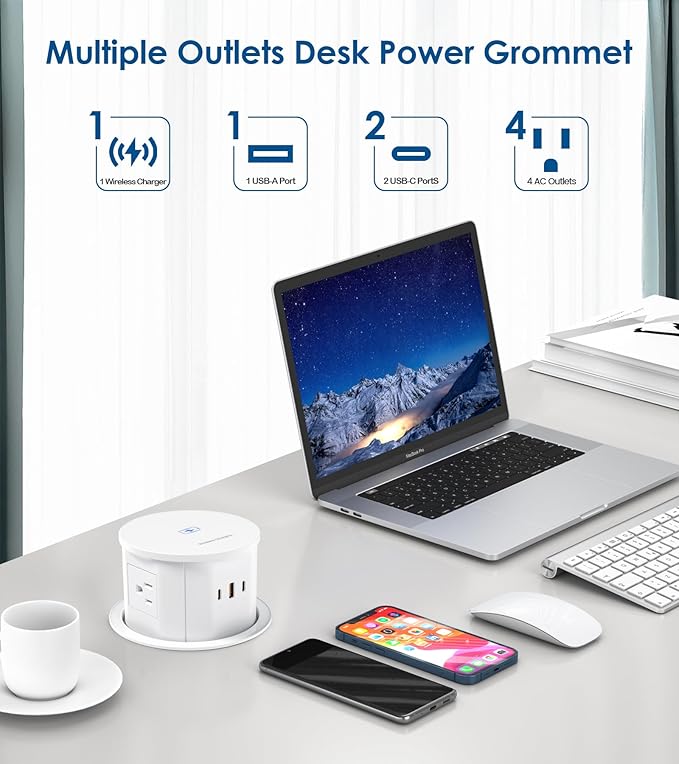 Pop up Outlet for Countertop with 15W Wireless Charger,65W USB C Charging Station,4 Outlets,2 USB C,USB A,Tamper Resistant Receptacle,4.7-inch Hole Power Grommet,Desk Recessed Outlet,White