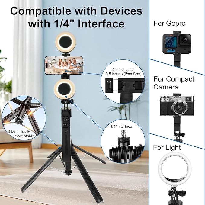 70.9" Auto Face Tracking Tripod 360° Rotation with Stand & Light, Phone Camera Holder Stand with Remote & Gesture Control, Extendable Selfie Stick for GoPro/Travel/Vlog/Video/Tiktok/Live Streaming