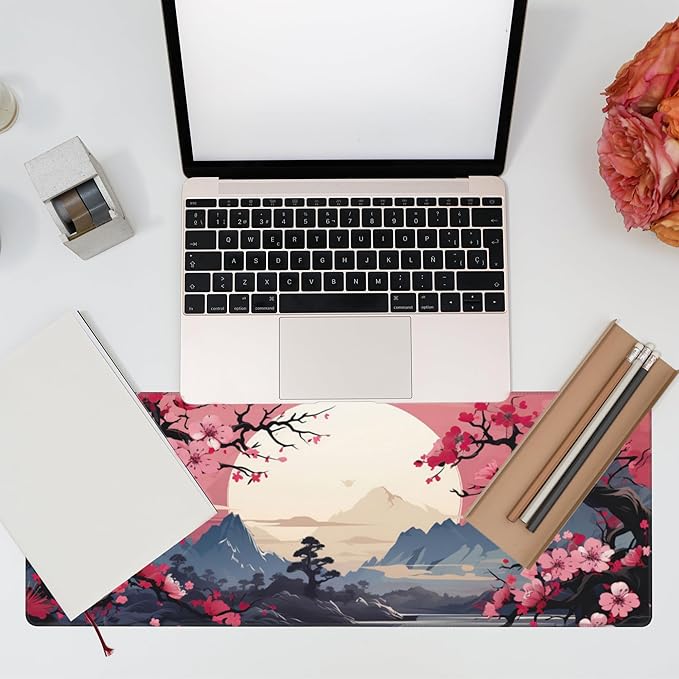 Pink Cherry Blossom Tree Desk Pad, Mountains and Sun Large Gaming Mouse Mat, Extended Big Computer Keyboard Pad With Non-Slip Base and Stitched Edge, 31.5"x11.8"