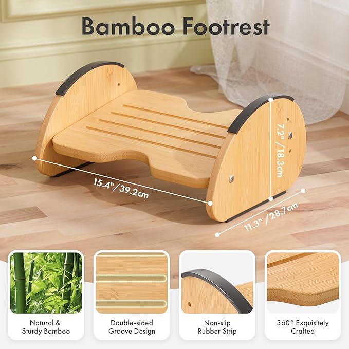 Amazer Bamboo Foot Rest for Under Desk at Work, 2-in-1 Reversible Rocking Footrest Adjustable Foot Stool, Ergonomic Footrest for Under Gaming Desk, Feet Support Leg Footstools for Home Office