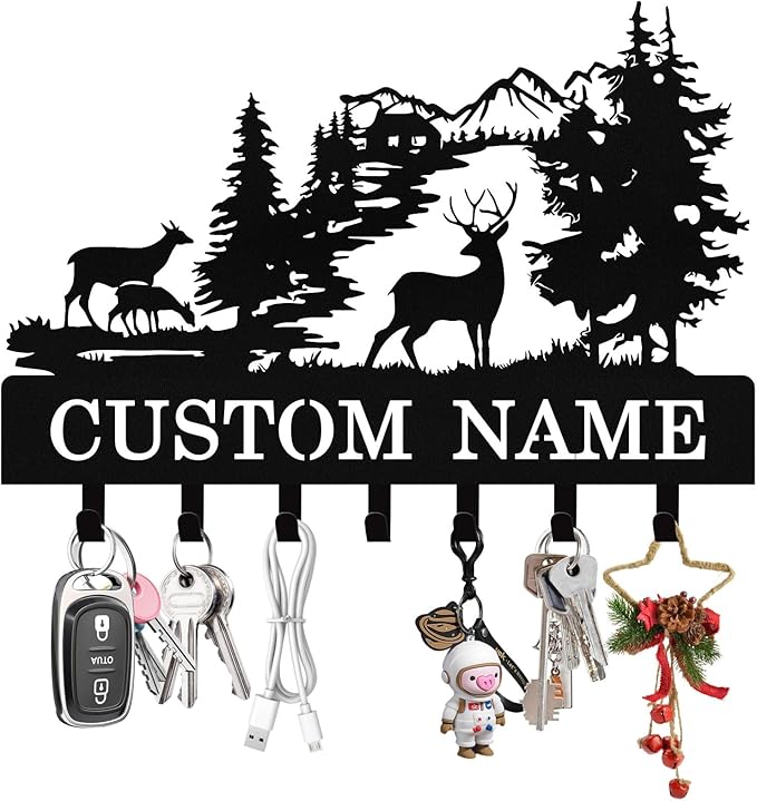 Personalized Deer Key Holder Wall Mount, Custom Metal Key Rack Key Holder with Name, Deer Cabin Wall Keys Hanger with Hooks for Entryway, Front Door, Hallway, Kitchen, Living Room