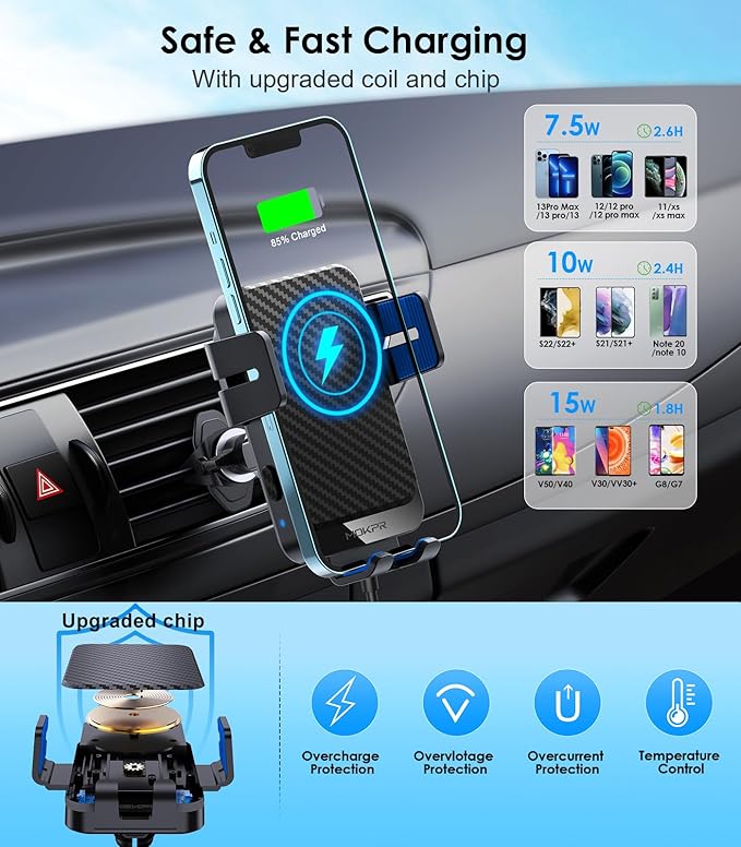 Wireless Car Charger, MOKPR 15W Fast Charging Auto-Clamping Phone Mount Air Vent Cell Phone Holder Compatible iPhone 15/14/13/13 Pro/12 pro/12/11/X/8, Compatible Galaxy S23/S22/S21/S20, etc Blue