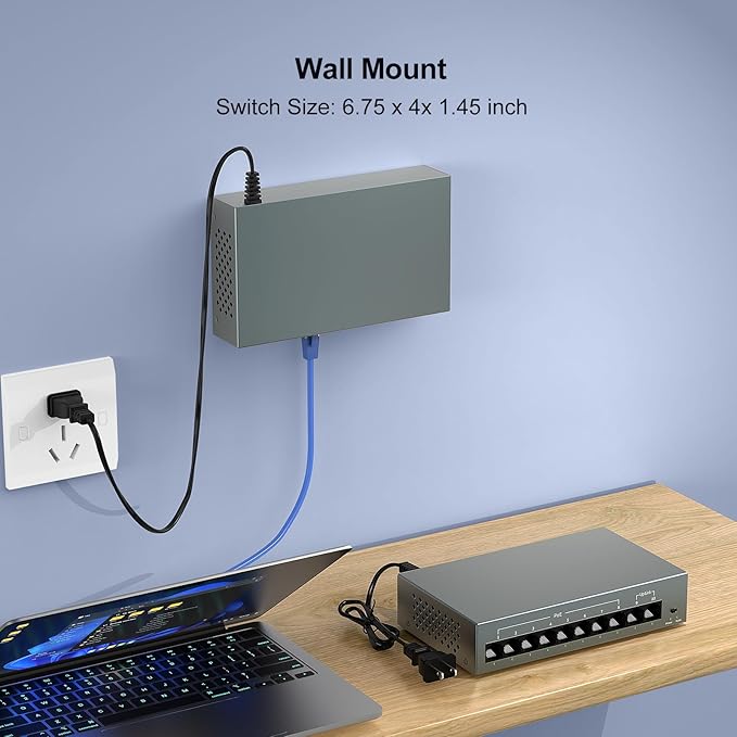 YuanLey 8 Port Gigabit PoE Switch with 2 Gigabit Uplink, 8 Port PoE+ 1000Mbps, 85W 802.3af/at, Extend Function, Metal, Fanless, AI WatchDog, Unmanaged Plug and Play Smart Detection Ethernet Switch