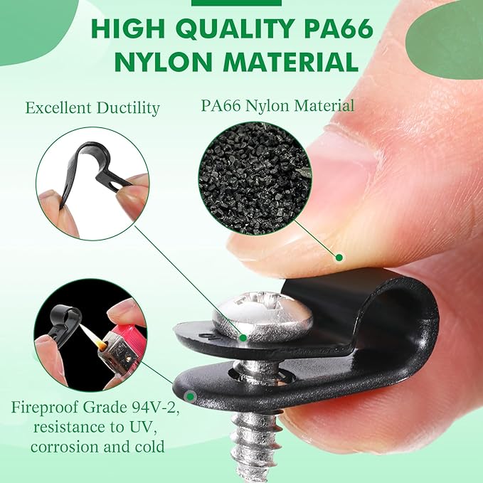Hicarer 50 Pack R-Type Cable Clip Wire Clamp, Nylon Screw Mounting Cord Fastener Clips with 50 Pack Screws for Wire Management (Black, 1/4inch)