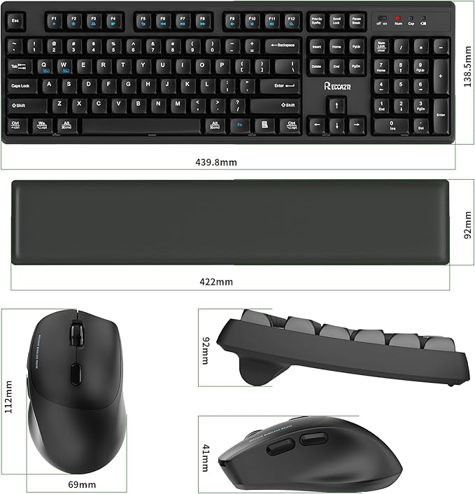 Wireless Keyboard and Mouse Combo with Wrist Rest, 2.4G Full-Sized Keyboard and Mouse Cordless, 3 DPI Adjustable Silent Mouse, Dual-System Keyboard for Computer/Laptop/Windows/Mac(Black)