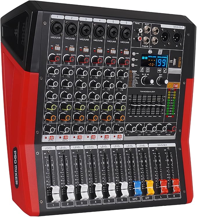 TF600 6-Channel Professional Mixer with Bluetooth Sound Bar with Power Amplifier 2 * 450W Power Output Powered Mixer, 7-Stage Equalizer, 99 DSP Effects, Recording Input USB Drive for Speakers
