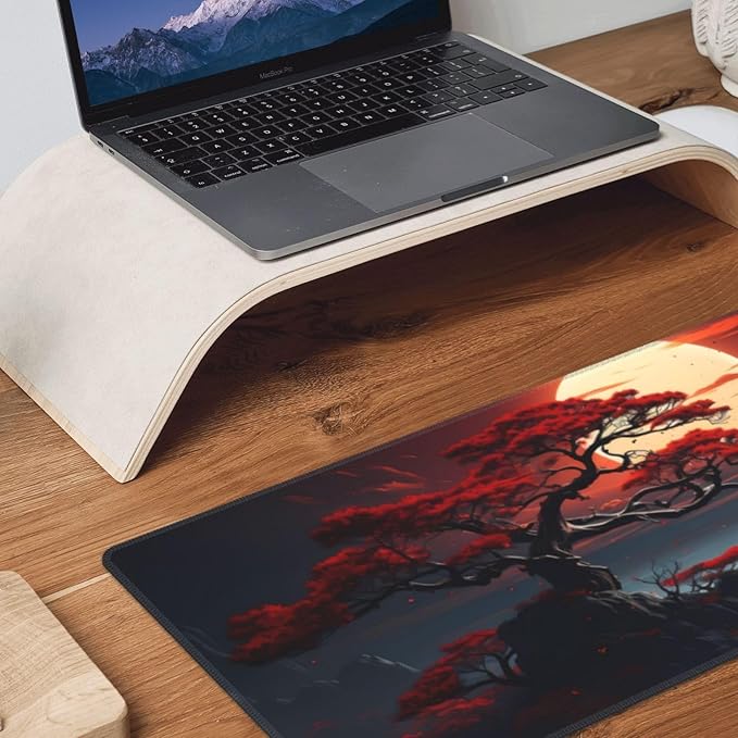 Darkness Red Moon Desk Mat Japanese Mouse Pad, Large Japanese Desk Mat, XL Anime Gaming Keyboard Mat, Non-Slip Rubber Base, Big Extended Desk Protector for Home Office, 31.5”x11.8”