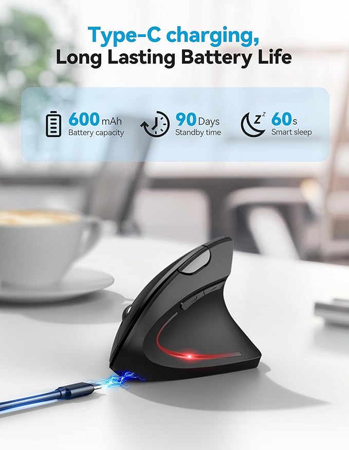 TECKNET Ergonomic Mouse with Jiggler, Bluetooth Wireless Vertical Mouse, 4800DPI Rechargeable Carpal Tunnel Mouse, Undetectable Random Movement Keeps Computers Awake for PC, Laptop