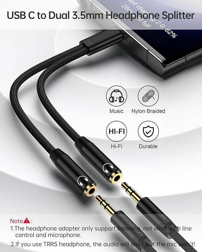 Headphone Splitter for 2 Headphones, USB C to Dual 3.5mm Female Aux Splitters for iPhone 17 17 Pro 16e, Google Pixel 10, Samsung Galaxy S25 Ultra, Audio Jack Adapter Earphone Connector - Black