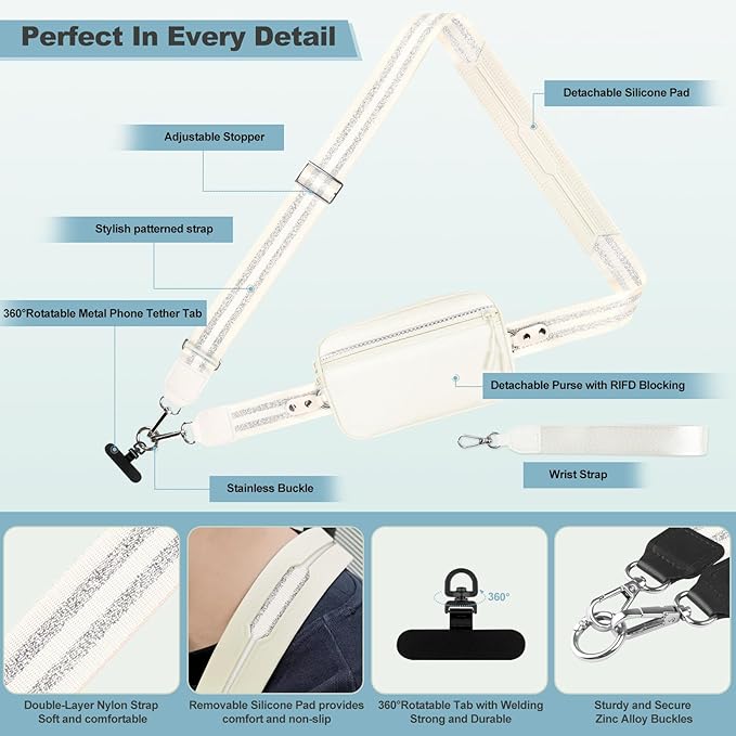 Clip and Go Strap for Phone with Wallet Crossbody, Adjustable Phone Lanyard with Detachable RFID Wristlet Wallet, Pattern Strap - Cream&Silver (L)