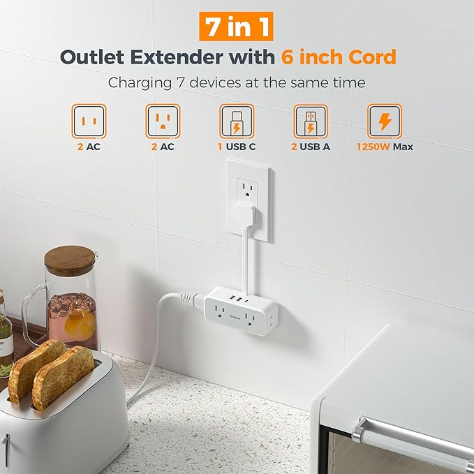 TESSAN Multi Plug Wall Outlet Extender, 6 inch Short Extension Cord, Flat Plug Splitter with 4 AC 3 USB (1 USB C) Charging Ports, Multiple Outlet Small Power Strip for Home Office Dorm Room