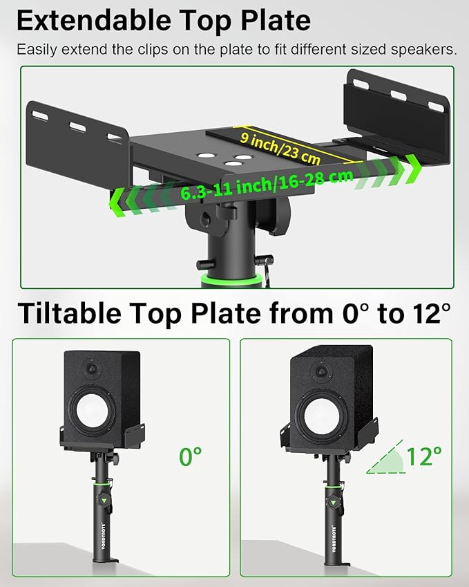 Set of 2 Dual Side Clamping Studio Monitor Stands Desk Clamp Speaker Stands 0-12°Tilt Height Adjustable Extendable Top Plate Mounted by Screws