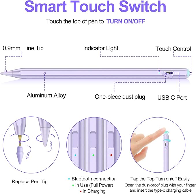 Stylus Pen for iPad 2018-2025 with Palm Rejection, Apple Pencil for Pad11th/10th/9th/8th/7th/6th Gen, iPad Pro 11/12.9 inch, New iPad Air 2025 11&13-inch(M3/2) /5th/4th/3th Gen, iPad mini 6th/5th
