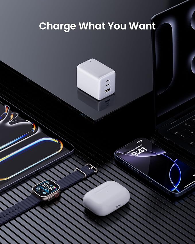 100W USB C Charger Block, 3-Port Compact Foldable Power Adapter USB Wall Charger for MacBook Pro/Air, Dell XPS, iPad Pro, iPhone Series, Galaxy S25/S24, and More