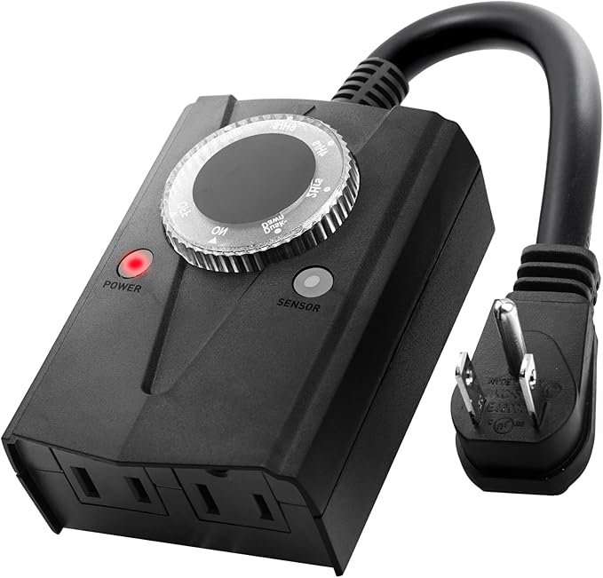 Brightown Outdoor Light Sensor Timer Waterproof, Mechanical Plug in Timer Switch, Outdoor Light Timer for Electrical Outlets, 2 Grounded Electrical Outlets for Christmas String Lights, Lighting Decor