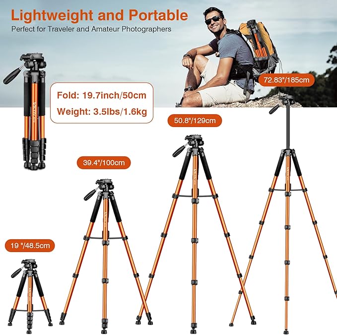 Tripod for Camera, 72" Tall Camera Tripod & Monopod with Remote, Professional Heavy Duty Compact Camera Stand for Phone, DSLR, Spotting Scope, Telescope, Binocular