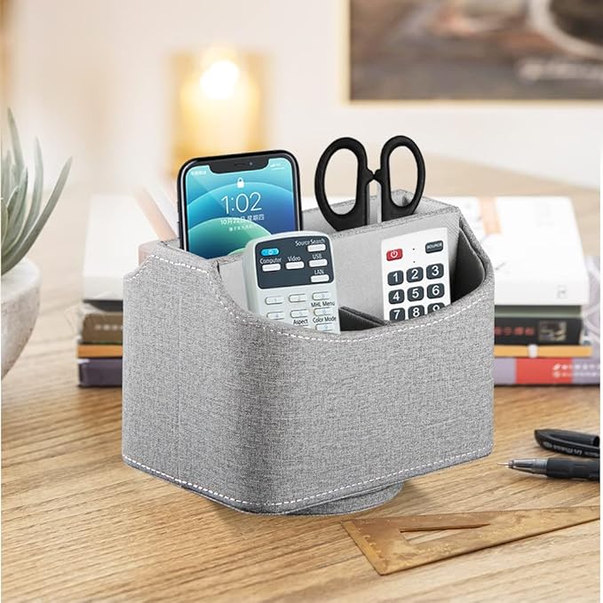 Fanousy 360° Rotating Remote Control Holder, PU Leather TV Remote Caddy Organizer Basket Storage Box with 5 Compartments for Pen, Pencil, Art Supplies, Makeup Brush, Office Desk Table Accessories